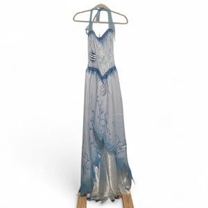 Corpse Bride Emily Blue White Lace Halter Maxi Dress Size XS